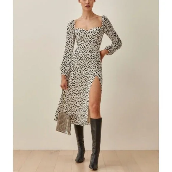 Reformation Shelby Dress Ocelot White Black Polka Dot Midi Slit Bustier Size 0